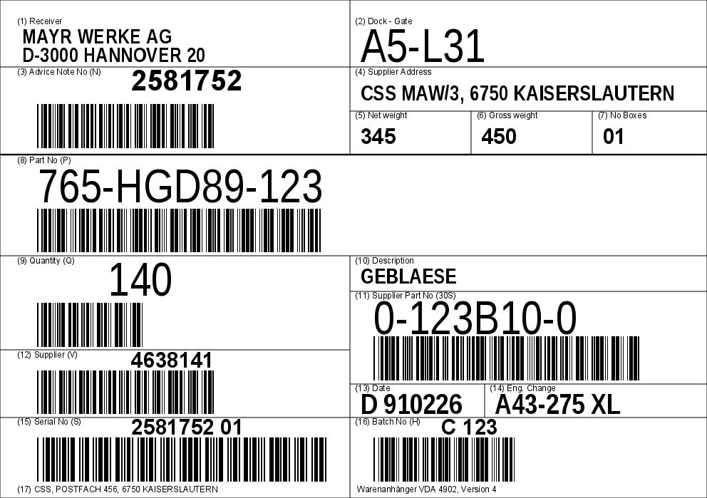 Лейбл перевод. VDA 4902. Этикетка VDA. Носитель Label. Barcode 4902.