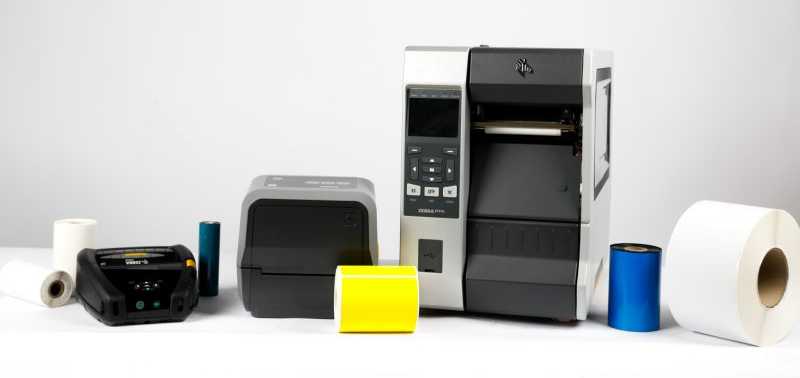 Industrial, desktop and mobile printers are equipped with thermal labels and ribbons